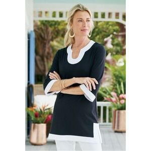 Soft Surroundings P.O.S.H Pima Cotton Tunic Top 3/4 Sleeve Black White Large
